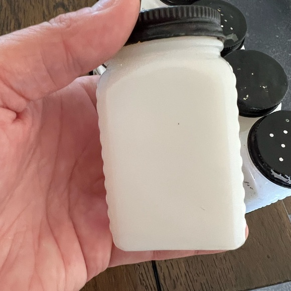 Tipp City McKee 9pc Milk Glass Flower Basket Spice Jars Shaker Set with rack - Picture 12 of 15